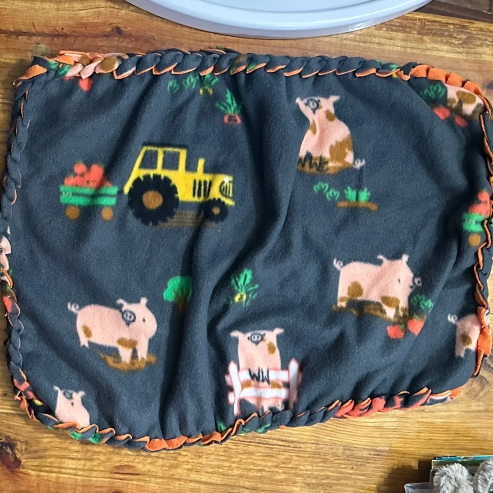 NWOT Security Blanket Gray & Orange Fleece Lovie, Farmer Pig & Tractor Design